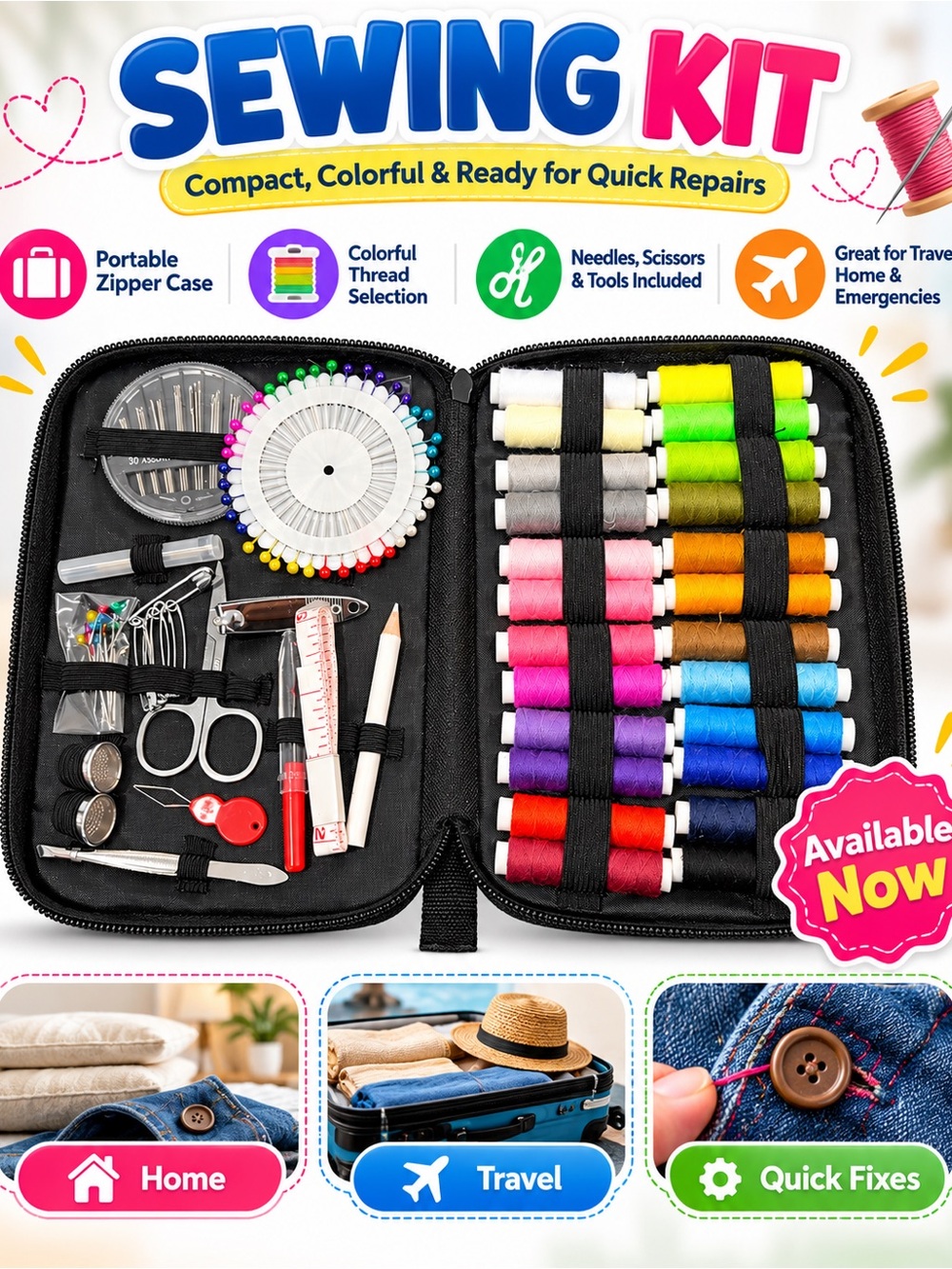 Kids Portable Sewing Kit – Multicolor Threads